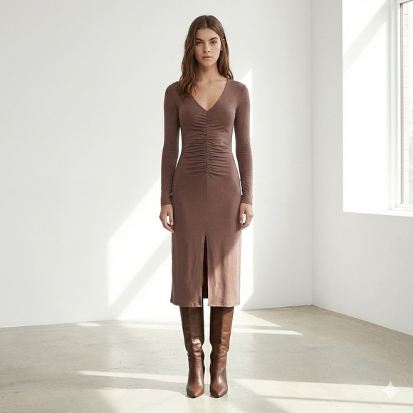 Aritzia Wilfred mocha mousse brown Aveyron long sleeve jersey dress - Large NWOT - Picture 1 of 5